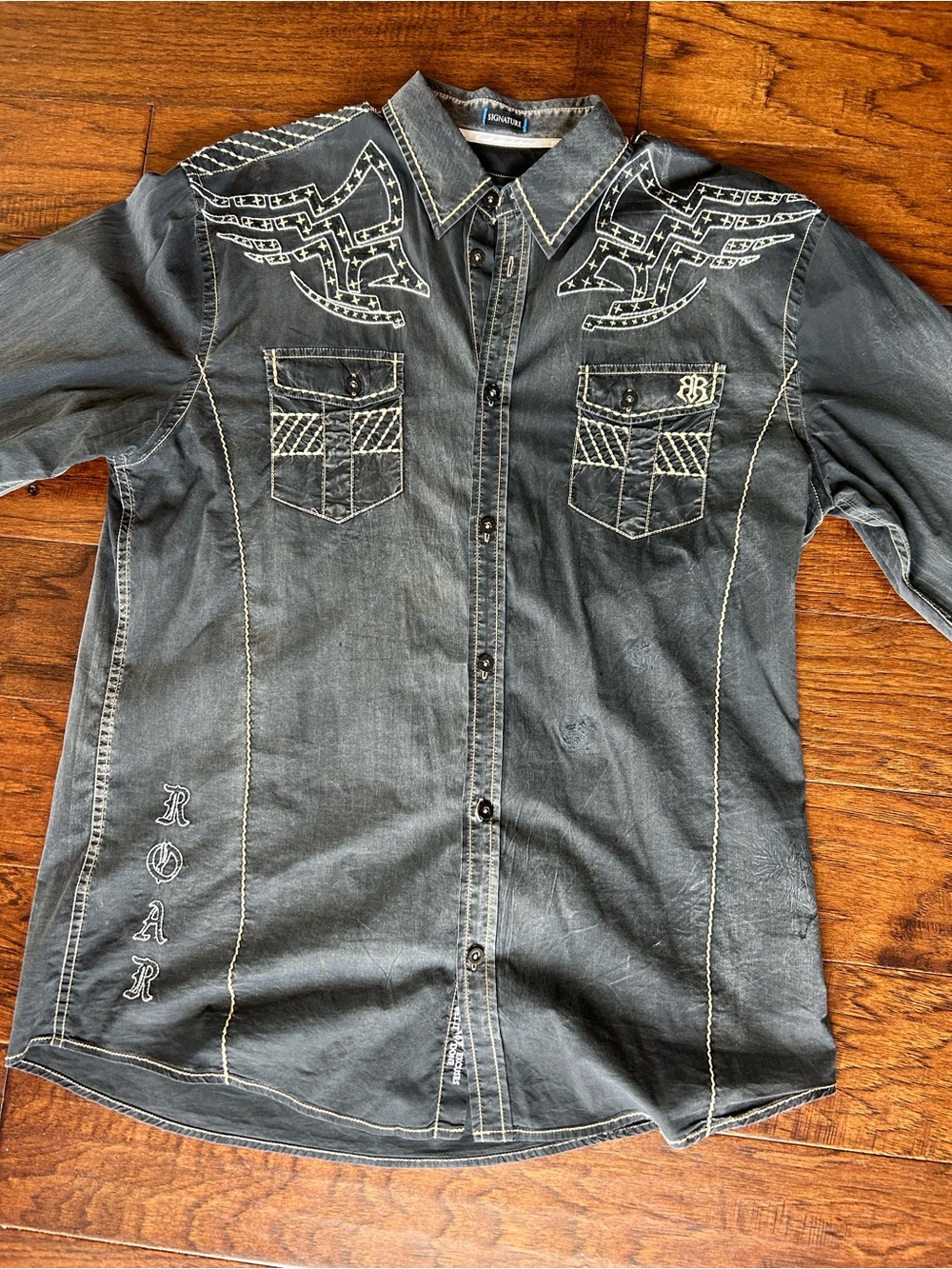 Roar Signature Embroidered Western Button Up Shirt Black Y2K Rock Revival Style